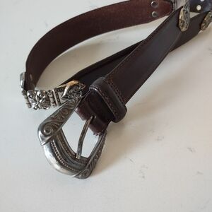 Men's Dark Brown Leather Belt with Ornate Silver Buckle